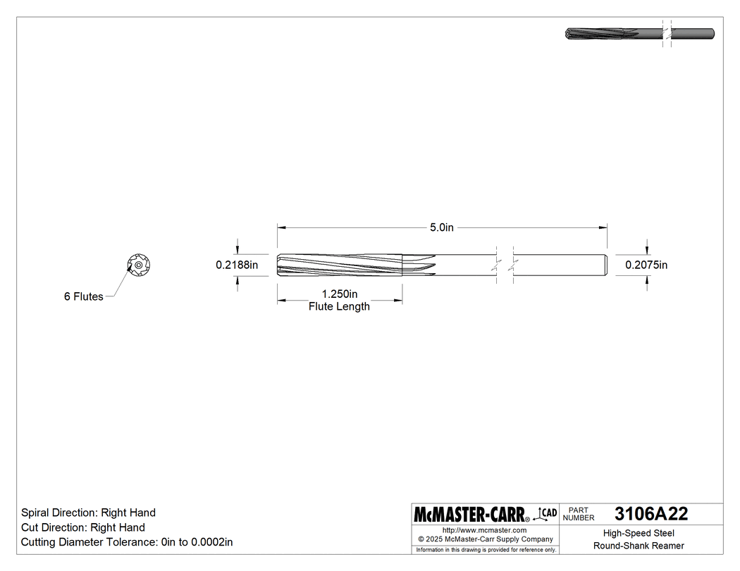 Technical Drawing of High-Speed Steel Round-Shank Reamer, with Right-Hand Spiral Flute, 0.2188" Reamer Diameter.